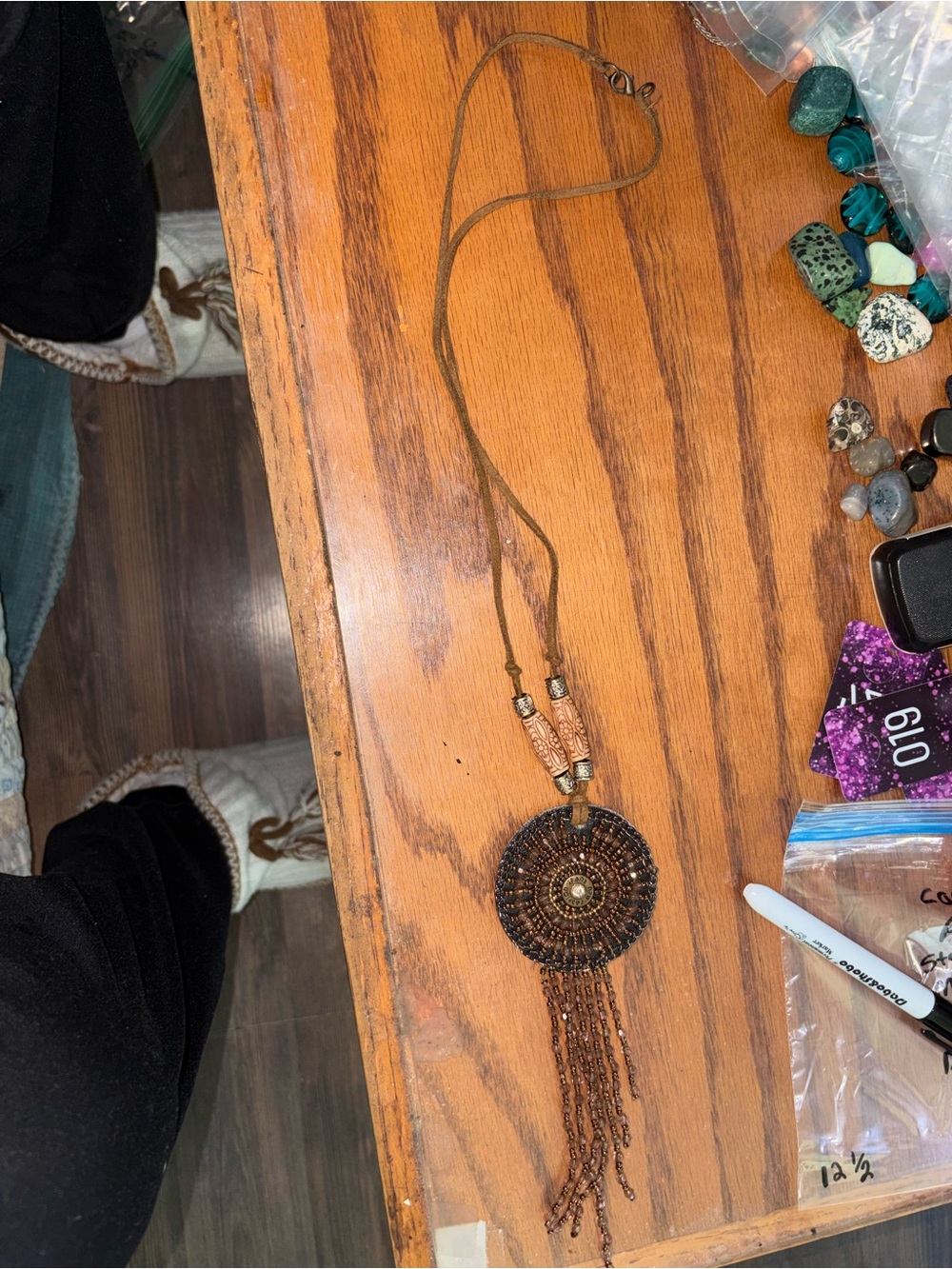 Handcrafted Brown Beaded Pendant Necklace 12 1/2 Inch